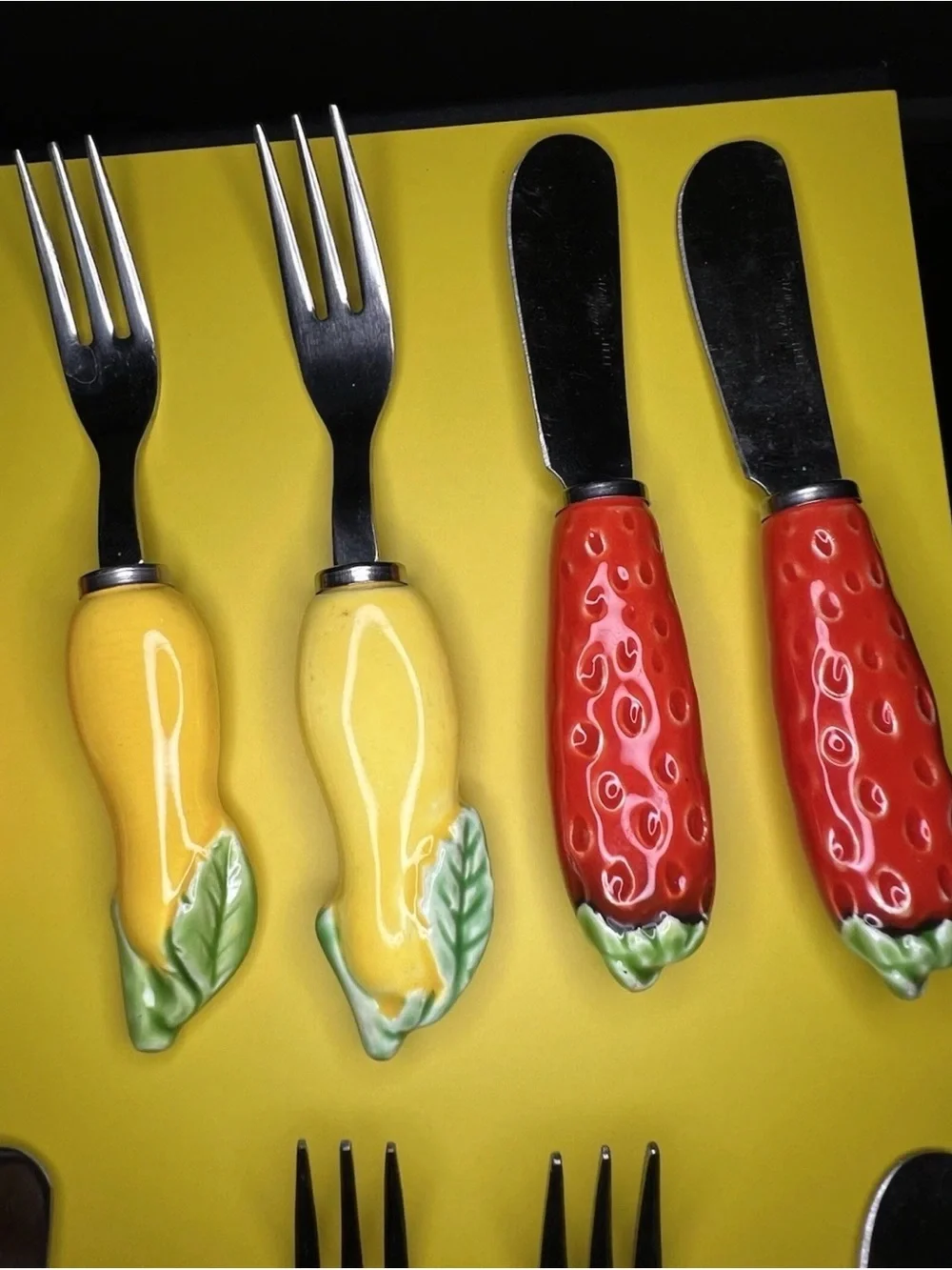 Vintage Japan Fruit Handle Flatware Set Ceramic Knives Forks Stainless Steel